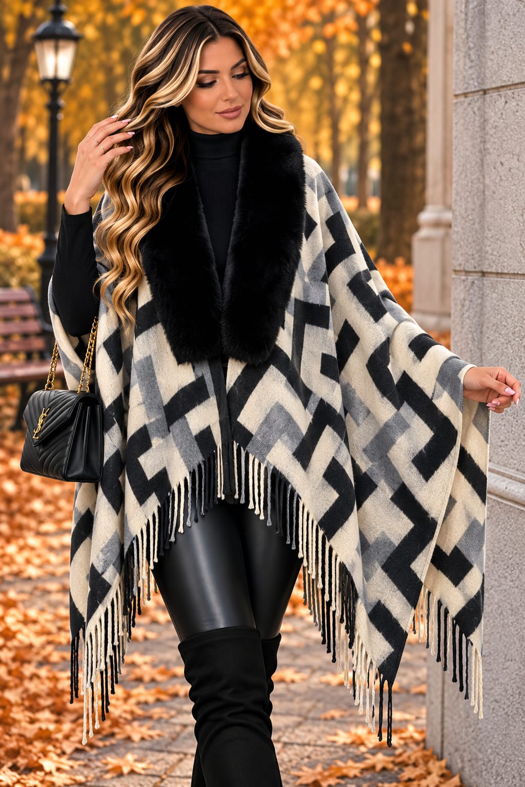 🖤 Poncho cu blăniță și imprimeu geometric