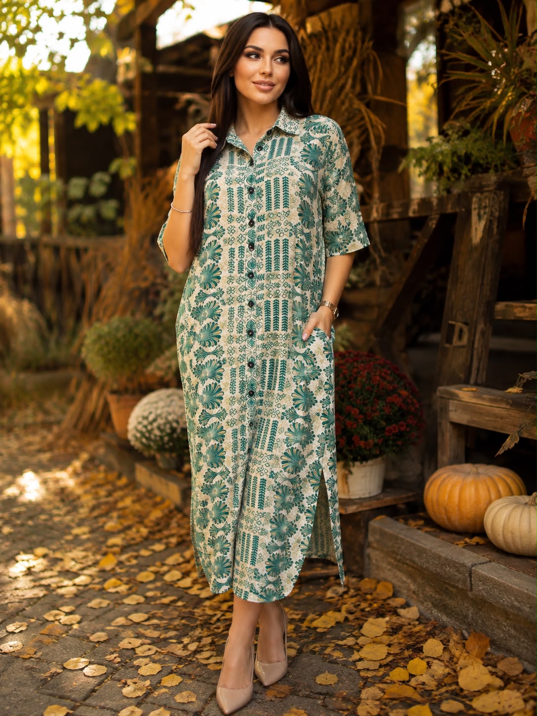 Rochie ERIKA lungă din mătase indiană  – imprimeu floral