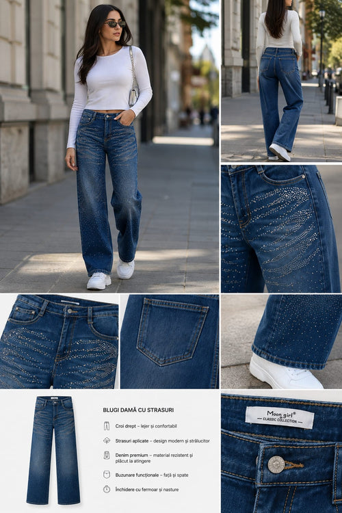 Blugi Wide Leg cu aplicații strălucitoare