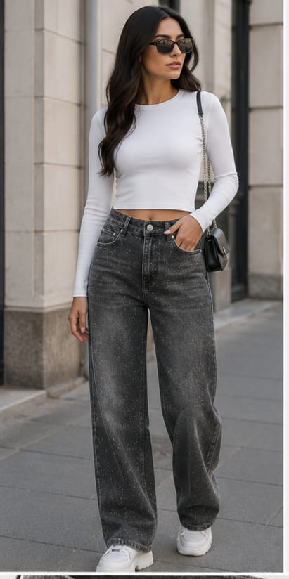 Blugi Wide Leg gri prespălați cu mini paiete aurii
