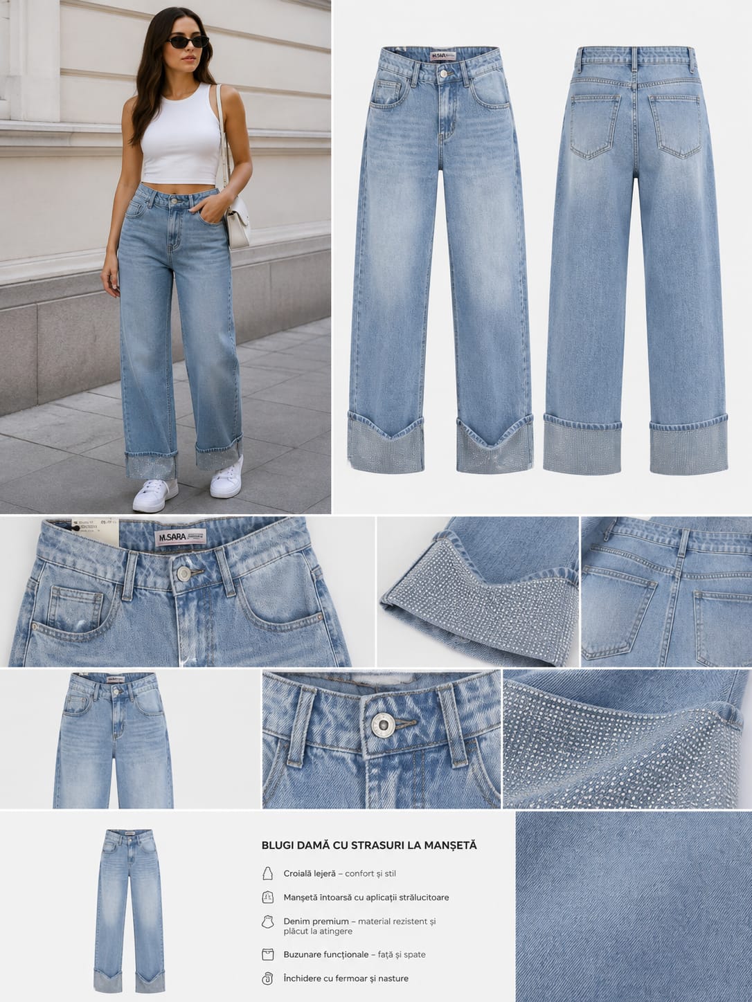 Blugi Wide Leg bleu deschis cu tiv rulat cu pietricele