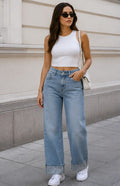 Blugi Wide Leg bleu deschis cu tiv rulat cu pietricele