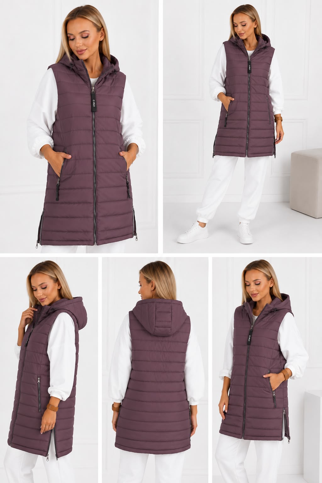 Vestă damă lungă matlasată cu glugă și fermoare laterale - 3XL-7XL
