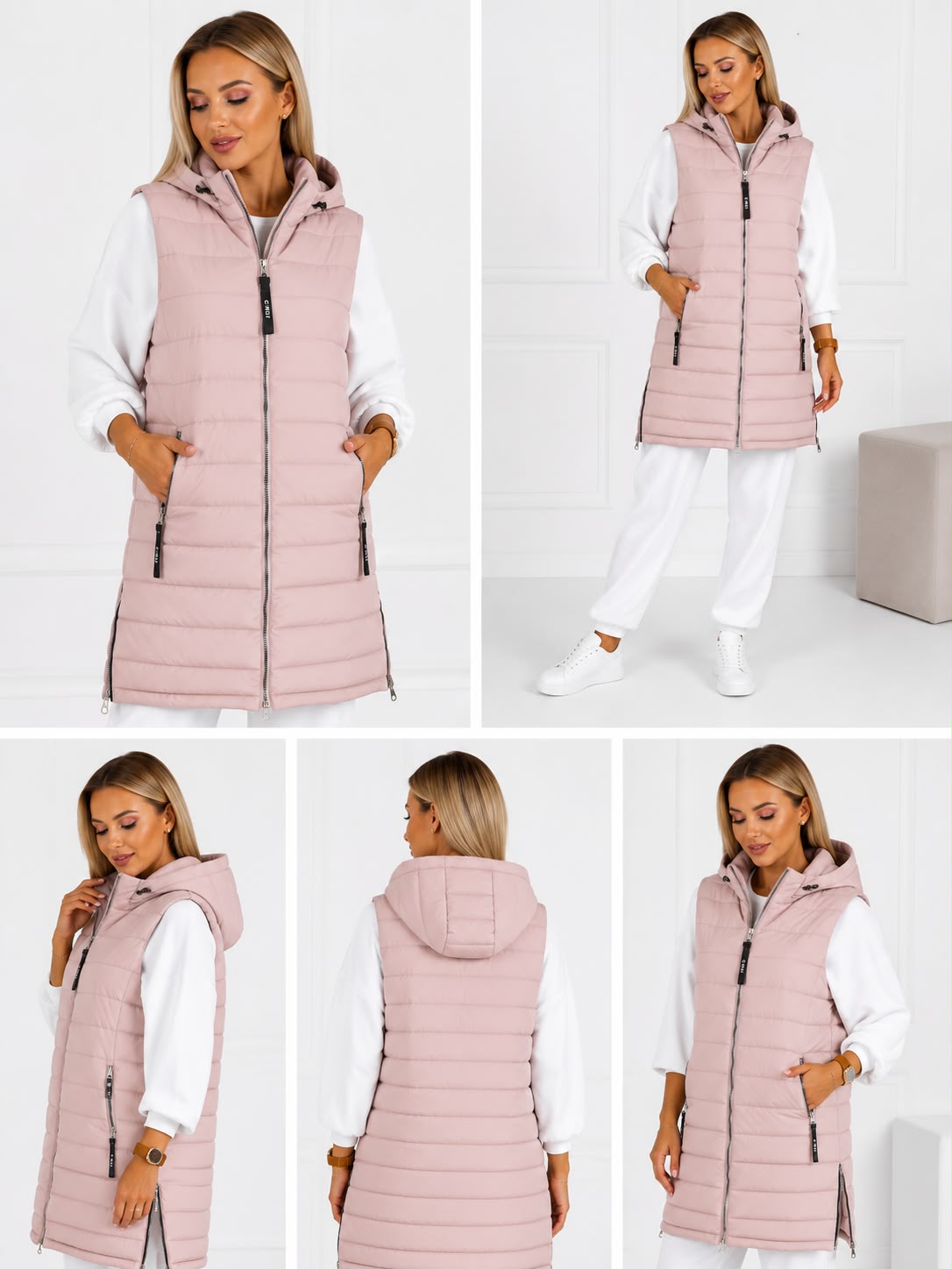 Vestă damă lungă matlasată cu glugă și fermoare laterale - 3XL-7XL