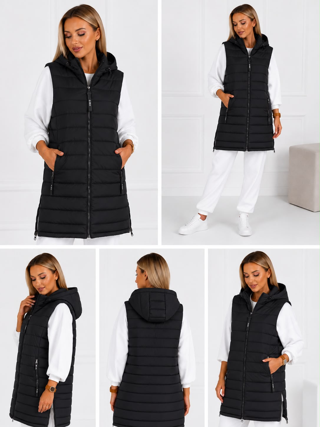 Vestă damă lungă matlasată cu glugă și fermoare laterale - 3XL-7XL