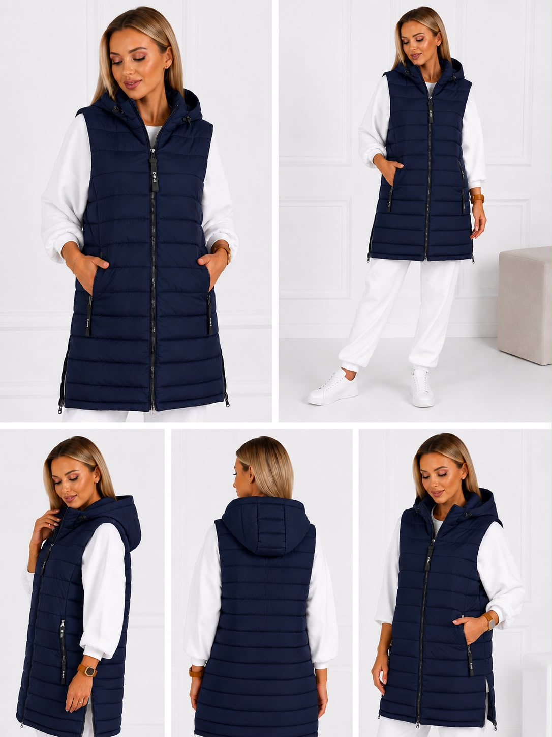 Vestă damă lungă matlasată cu glugă și fermoare laterale - 3XL-7XL