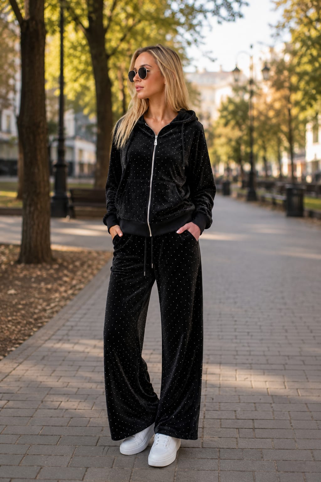 Compleu damă din catifea, cu pantaloni evazați și pietricele