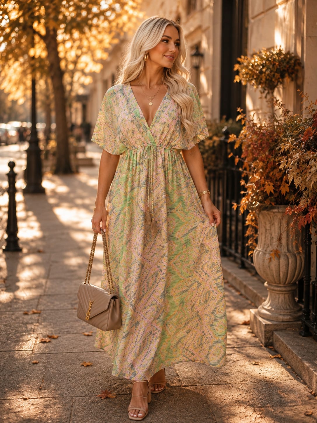 Rochie Xena - lungă din mătase indiană cu talie elastică și cordon decorativ