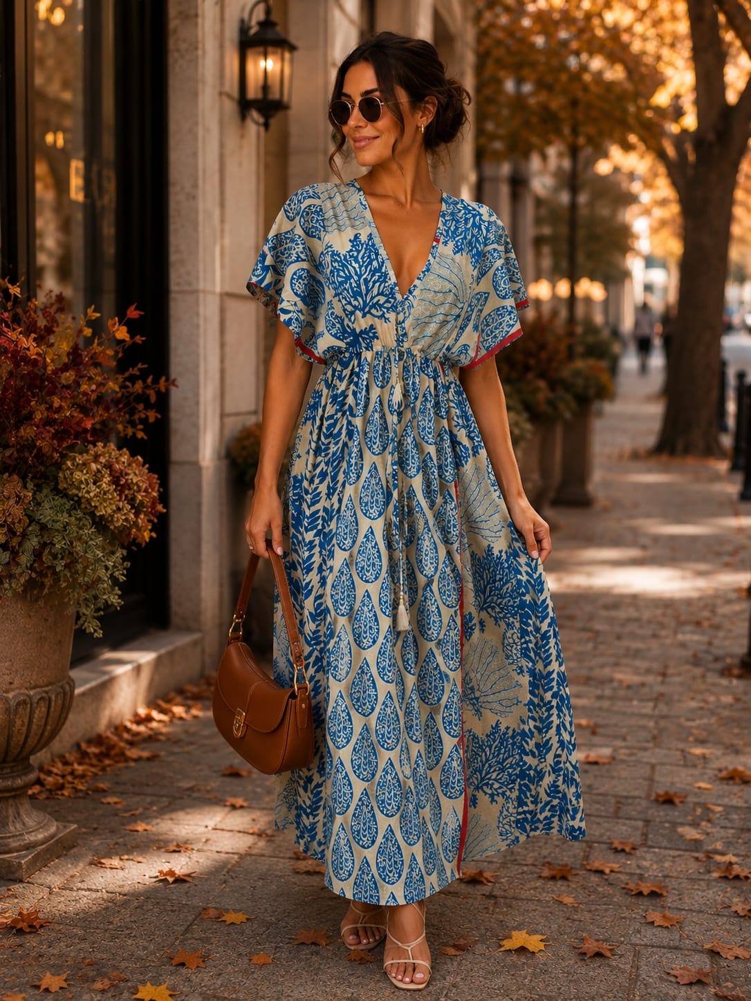 Rochie Xena - lungă din mătase indiană cu talie elastică și cordon decorativ