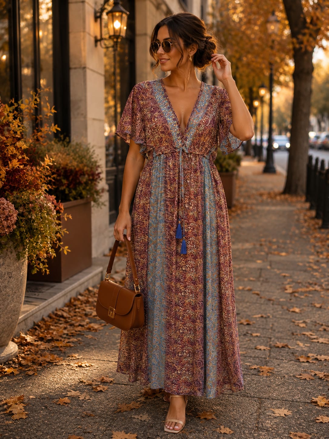 Rochie Xena - lungă din mătase indiană cu talie elastică și cordon decorativ