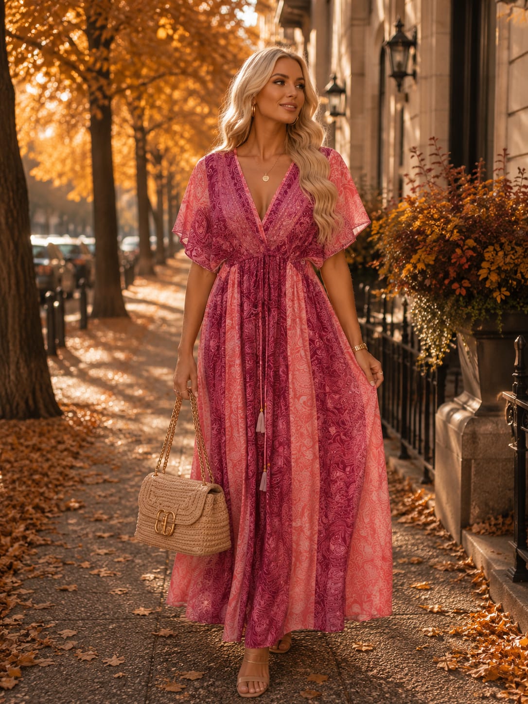 Rochie Xena - lungă din mătase indiană cu talie elastică și cordon decorativ