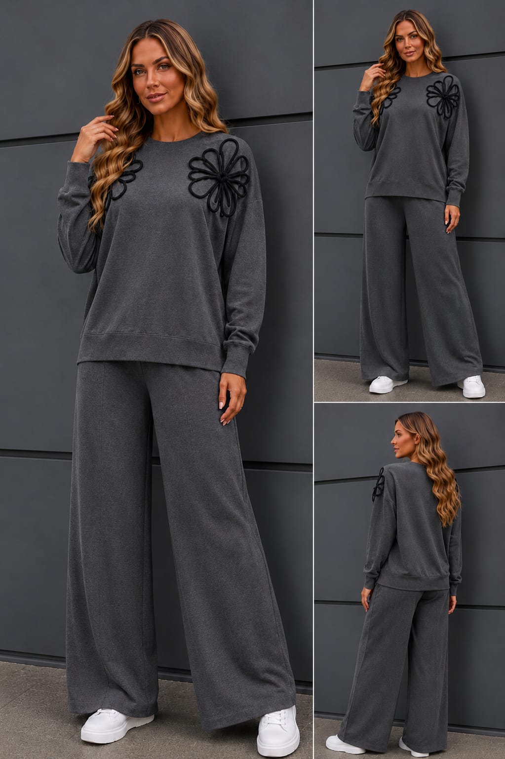🌿 Compleu Mihaela din tricot fin cu aplicații 3D de toamnă