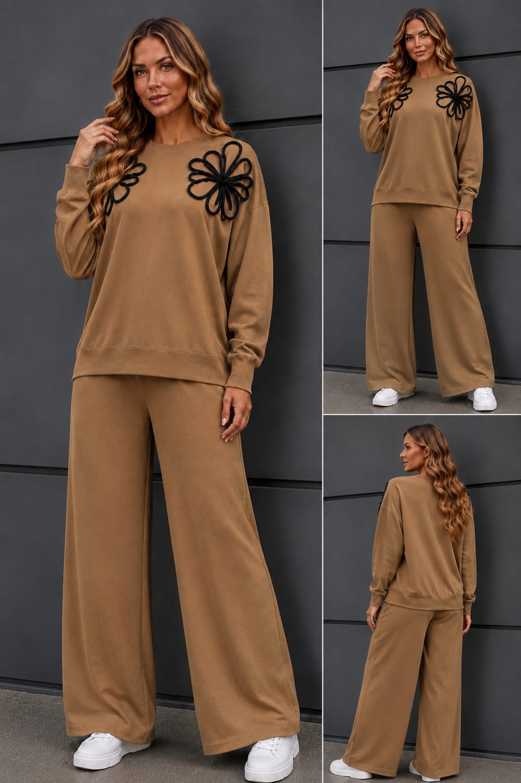 🌿 Compleu Mihaela din tricot fin cu aplicații 3D de toamnă