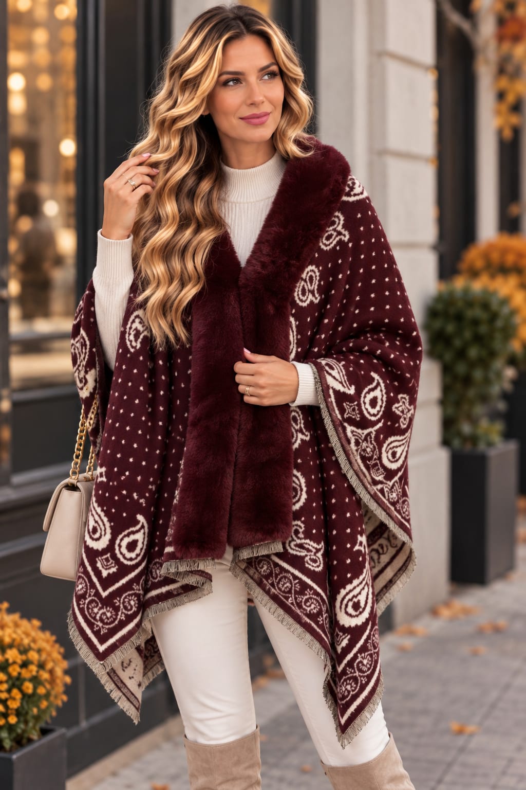 🤎 Poncho cu blăniță din cashmere – eleganță și confort