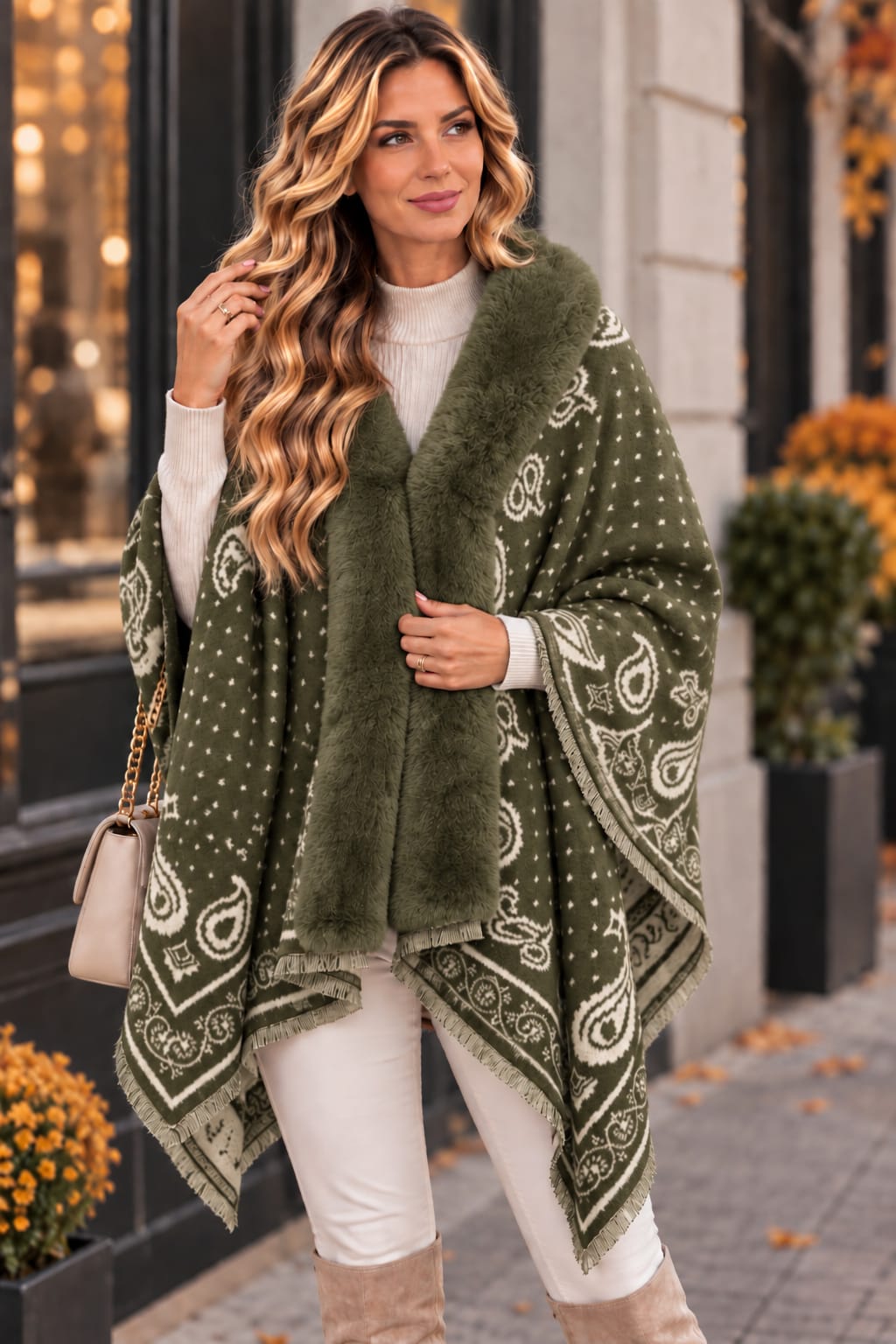 🤎 Poncho cu blăniță din cashmere – eleganță și confort