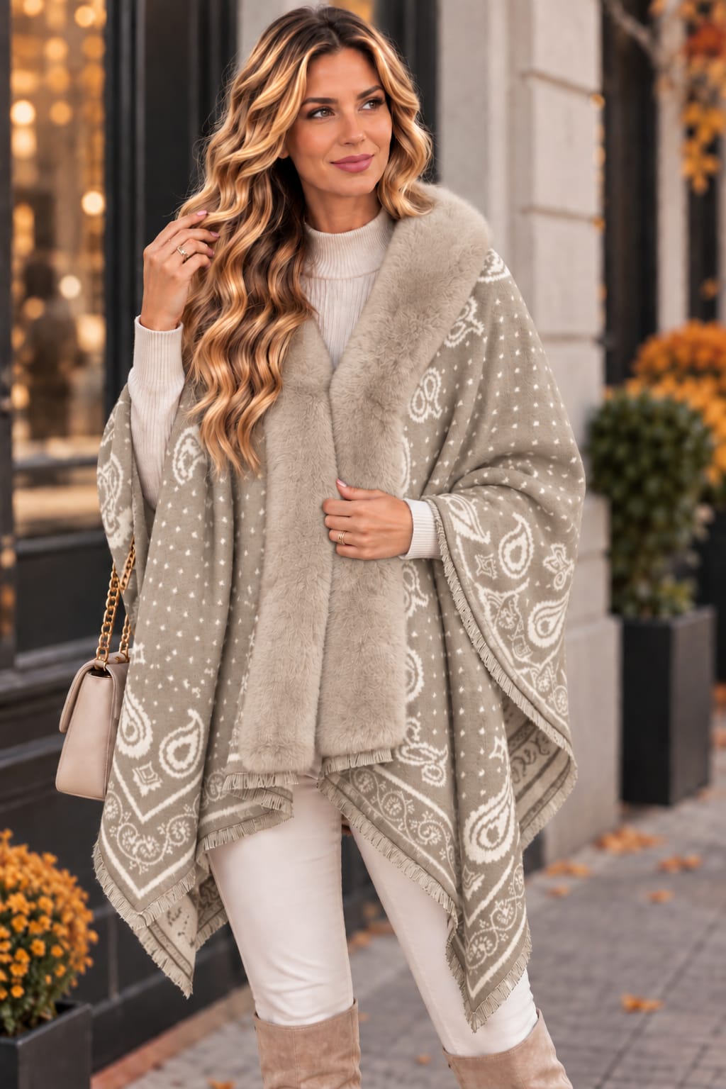 🤎 Poncho cu blăniță din cashmere – eleganță și confort