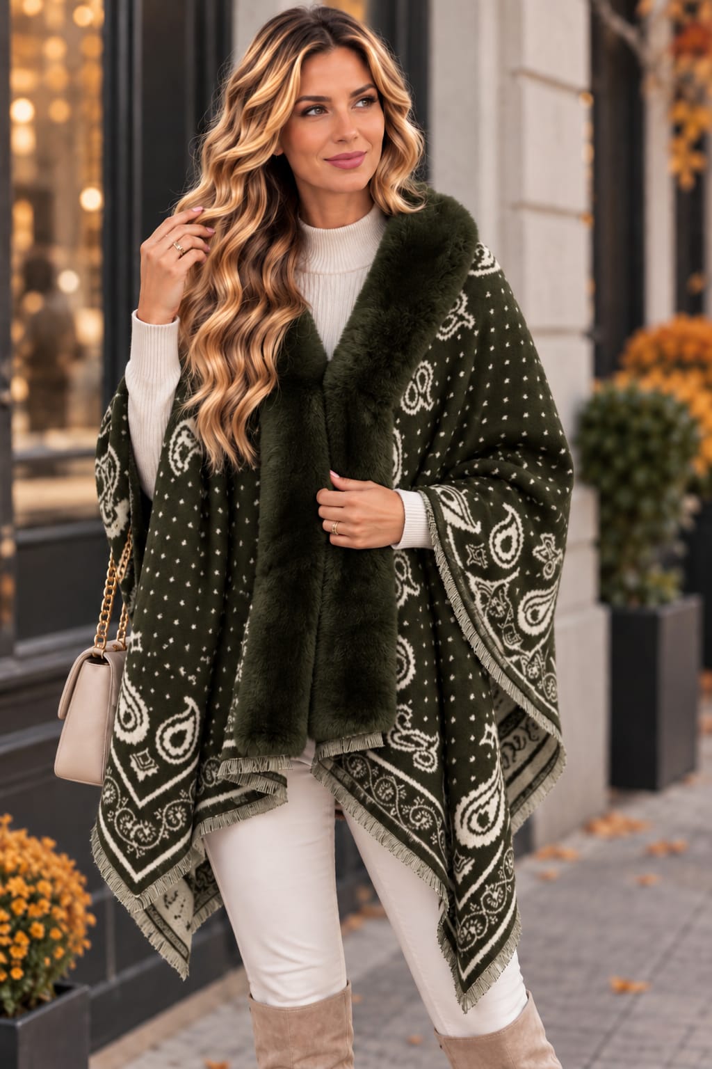 🤎 Poncho cu blăniță din cashmere – eleganță și confort