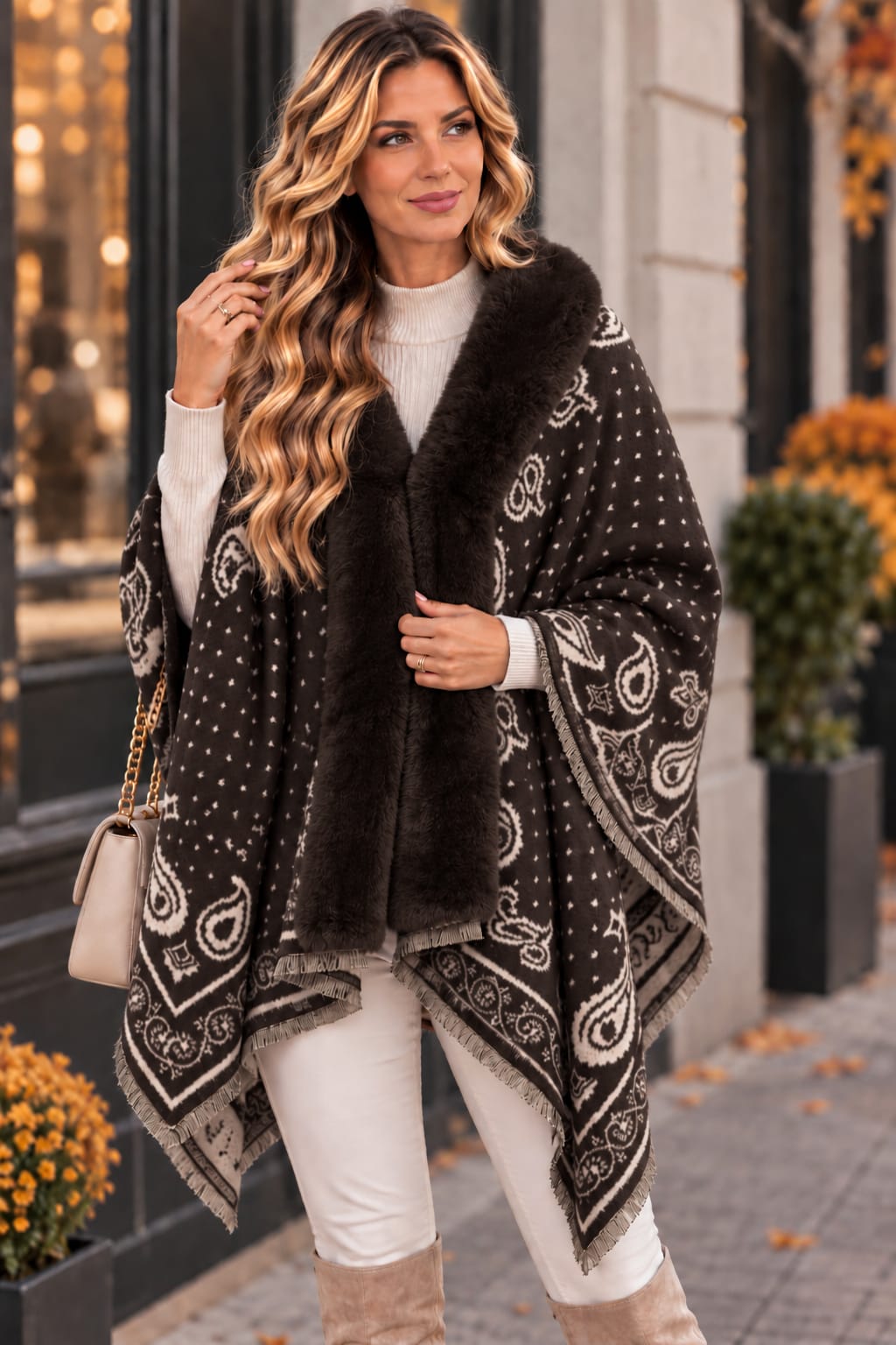 🤎 Poncho cu blăniță din cashmere – eleganță și confort