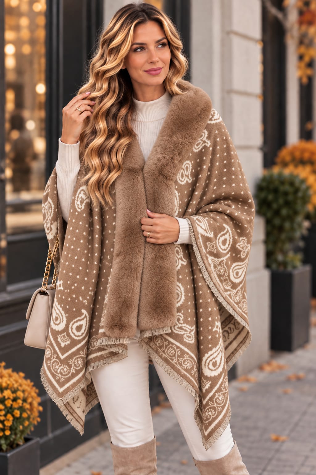 🤎 Poncho cu blăniță din cashmere – eleganță și confort