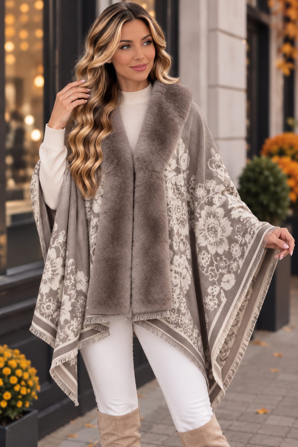 🌸 Poncho cu blăniță și imprimeu floral