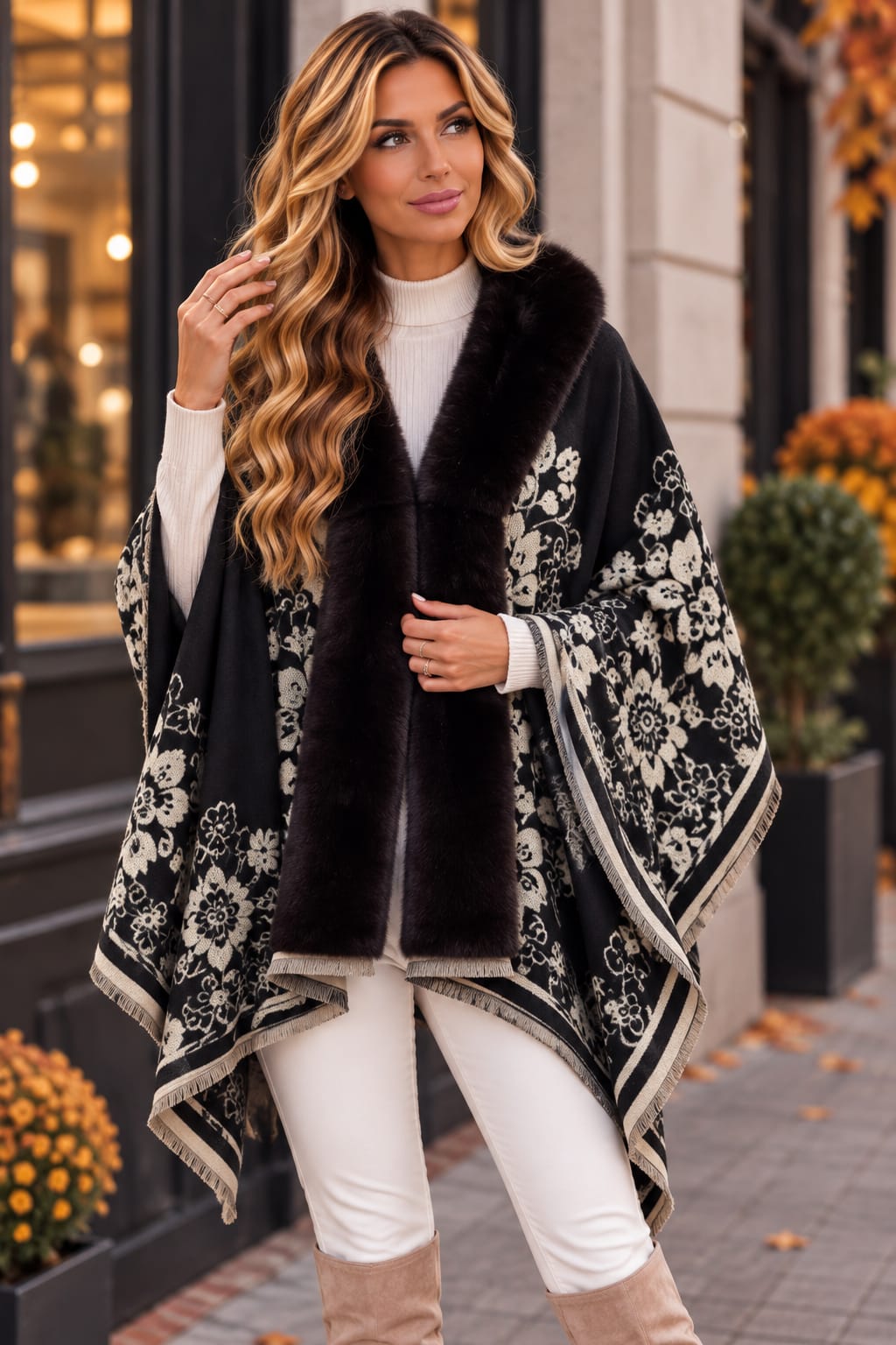 🌸 Poncho cu blăniță și imprimeu floral