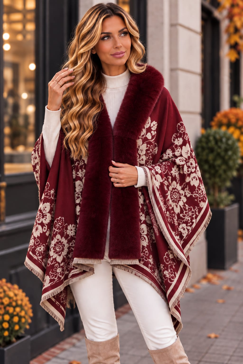 🌸 Poncho cu blăniță și imprimeu floral