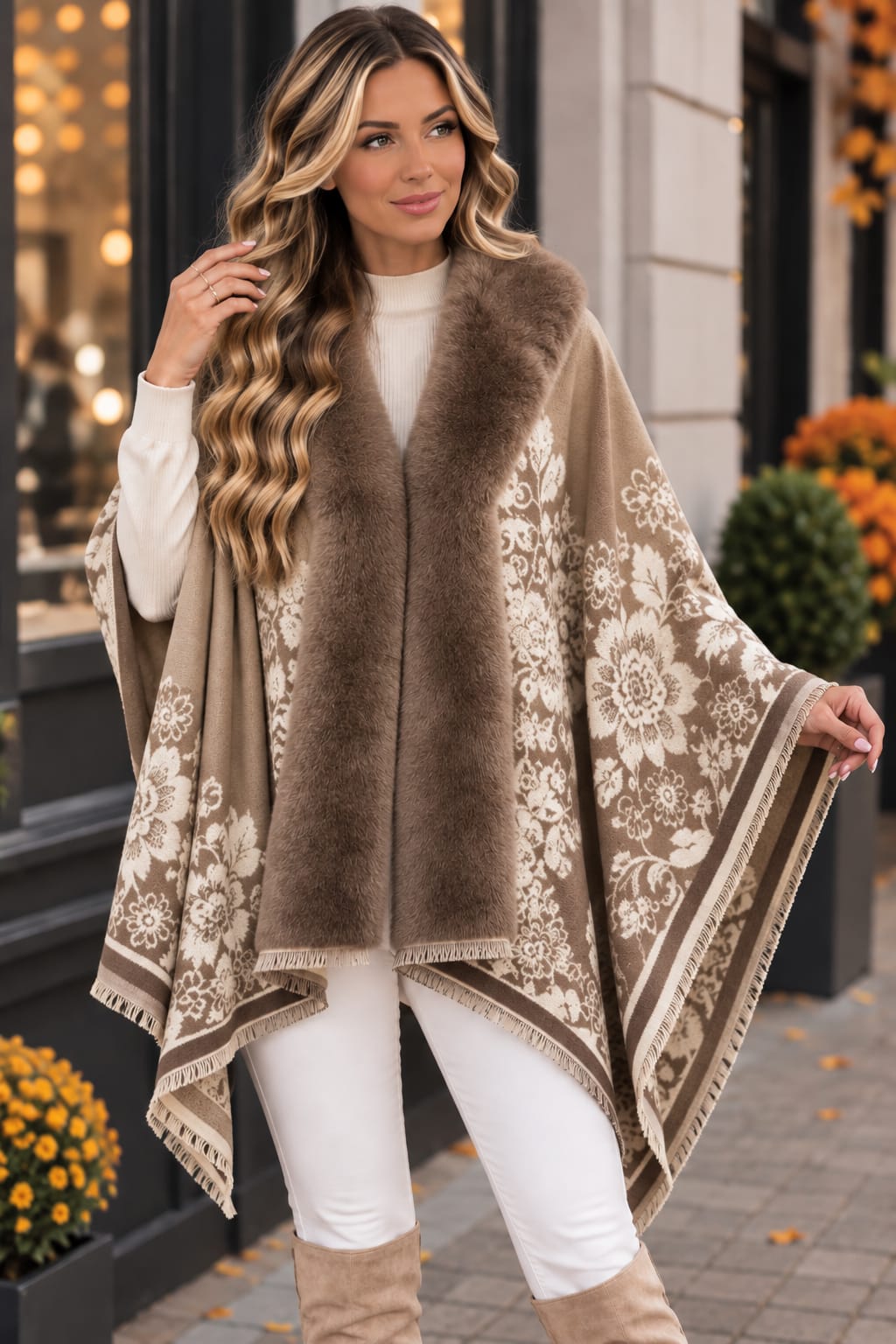 🌸 Poncho cu blăniță și imprimeu floral