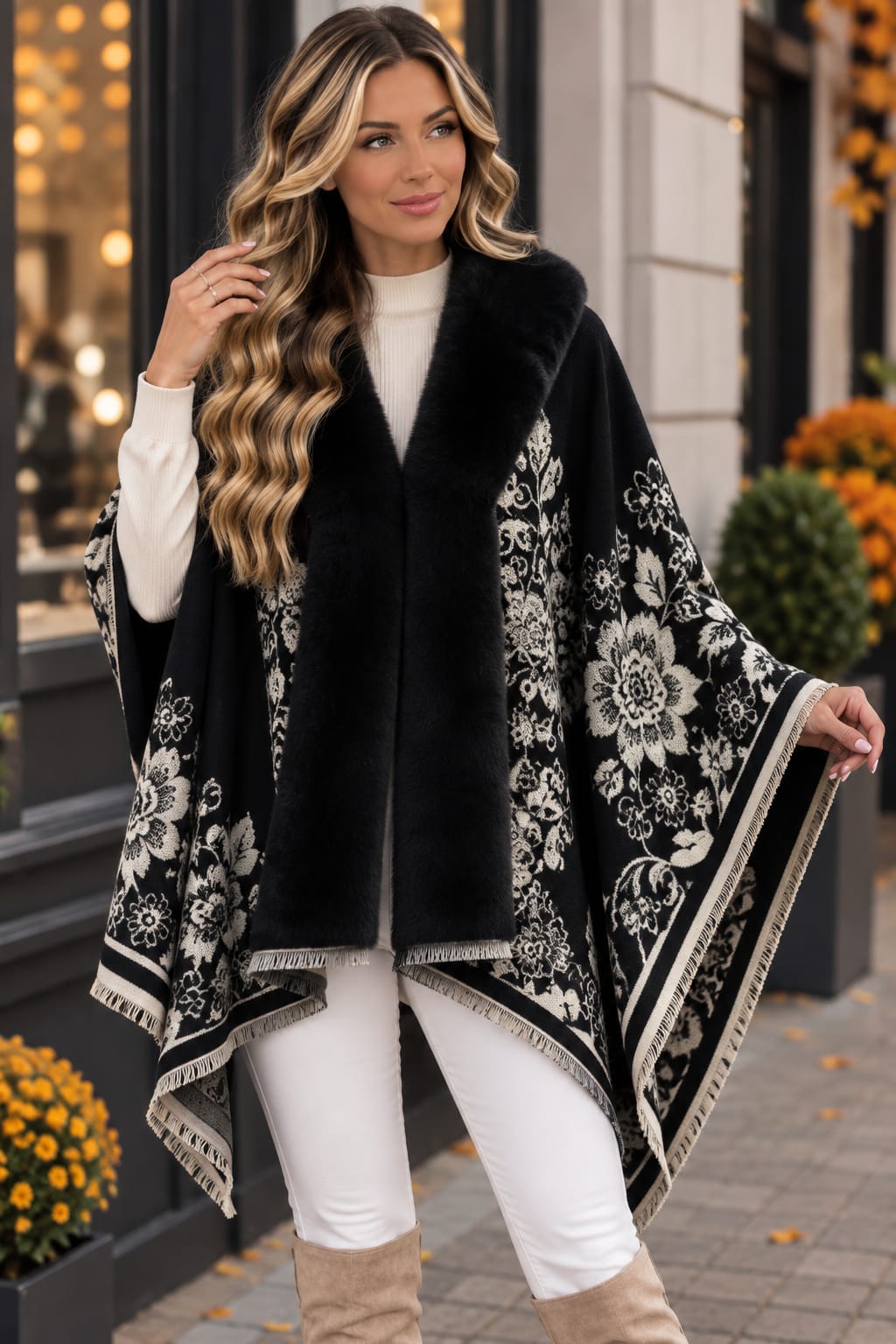 🌸 Poncho cu blăniță și imprimeu floral