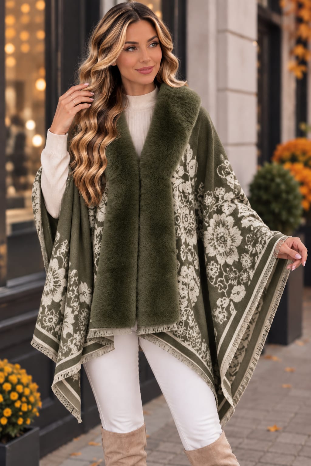 🌸 Poncho cu blăniță și imprimeu floral