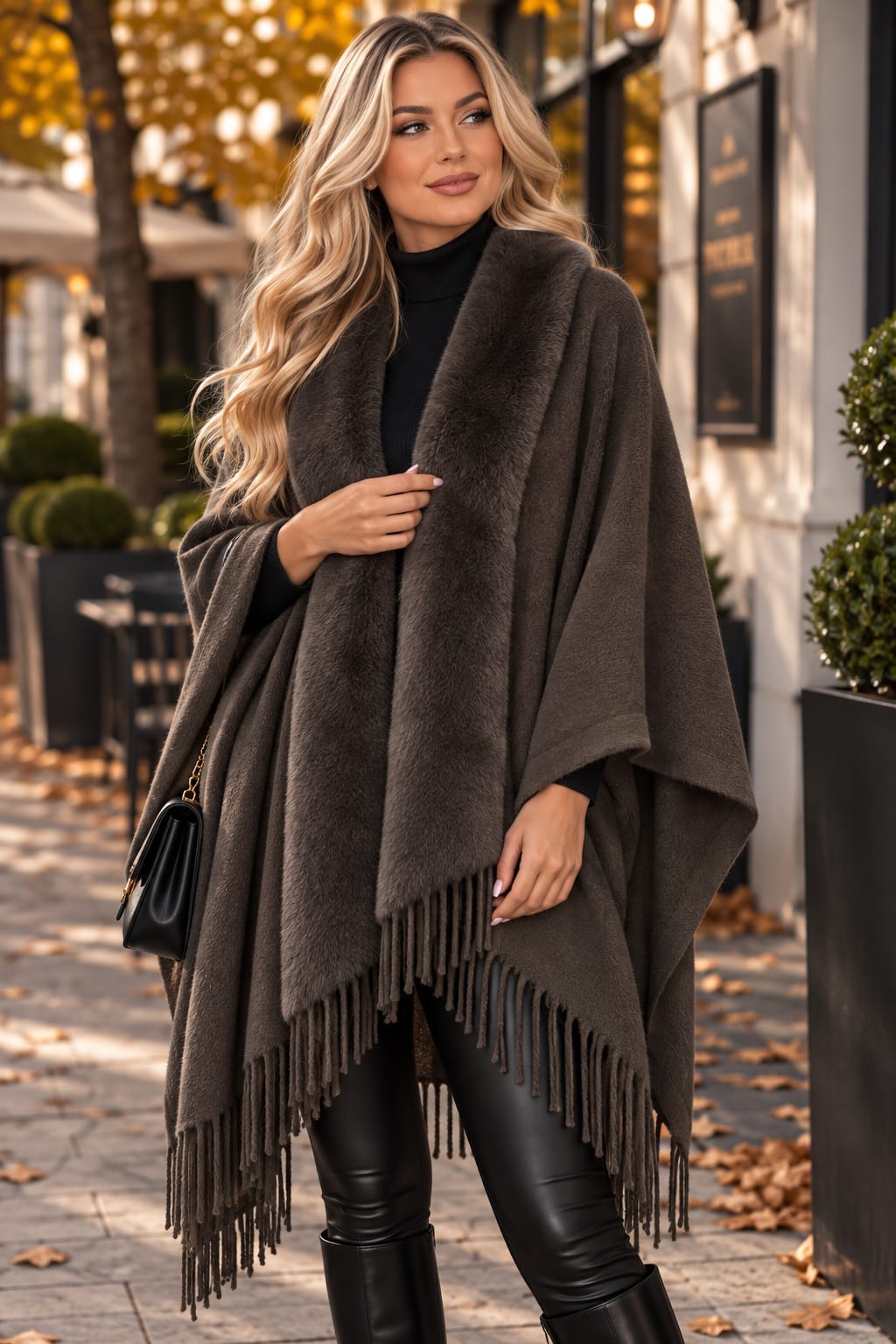 🤎 Poncho „Carina” – cu guler din blăniță și franjuri