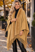 🤎 Poncho „Carina” – cu guler din blăniță și franjuri
