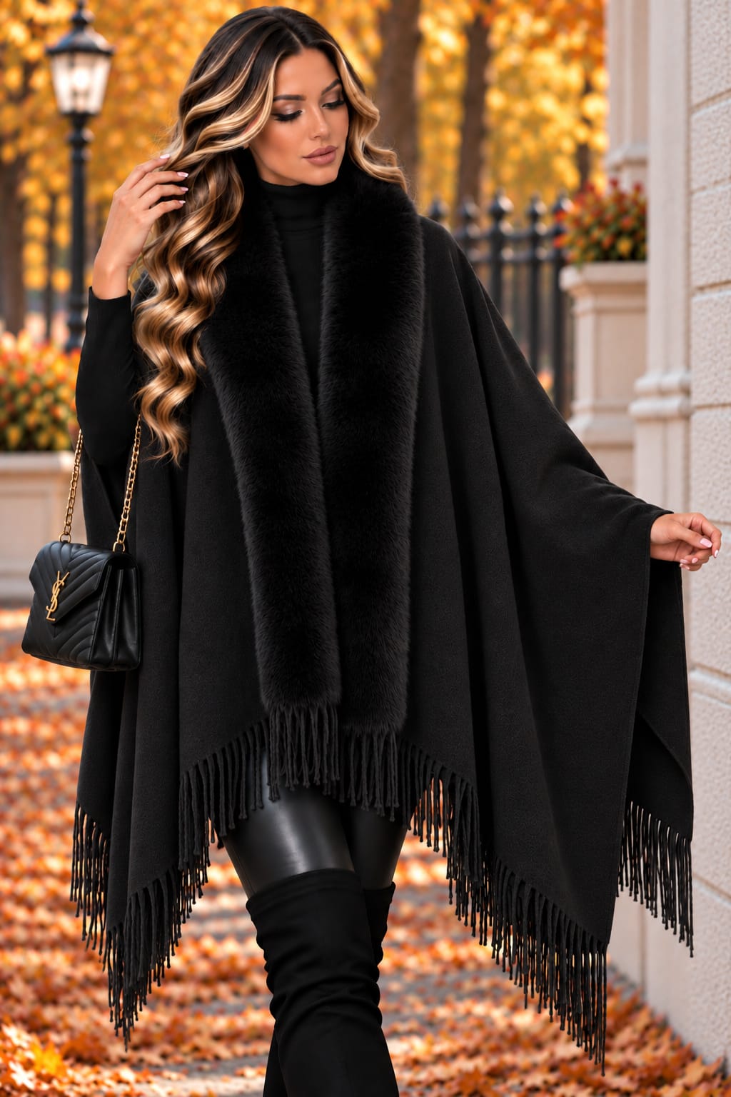 🤎 Poncho „Carina” – cu guler din blăniță și franjuri