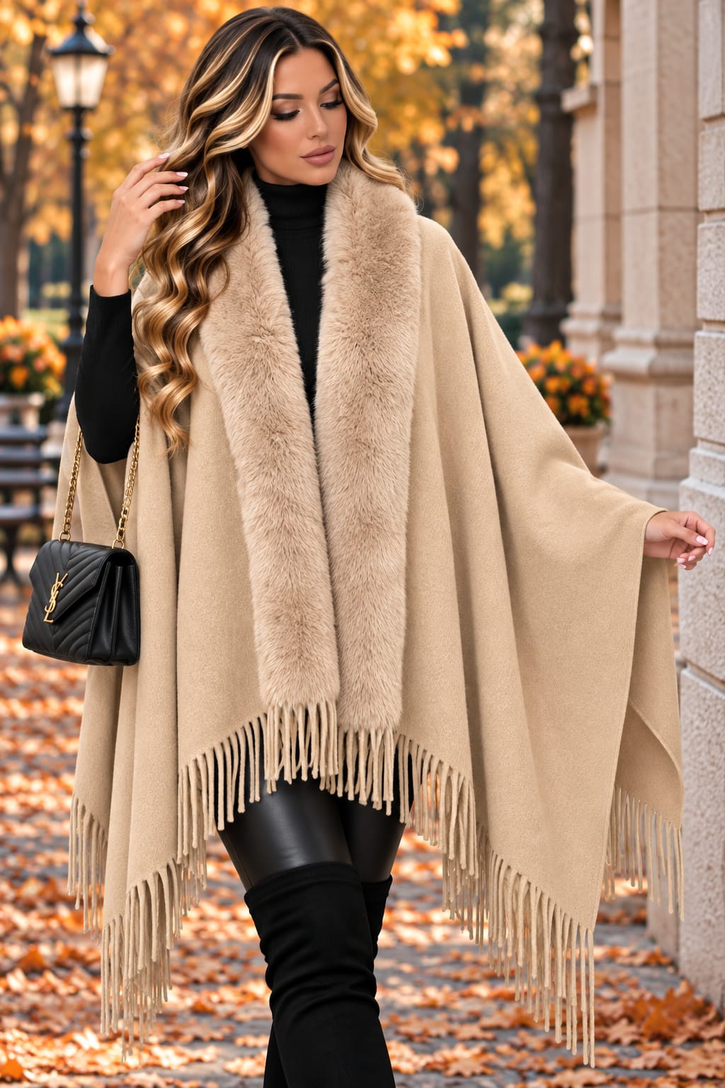 🤎 Poncho „Carina” – cu guler din blăniță și franjuri