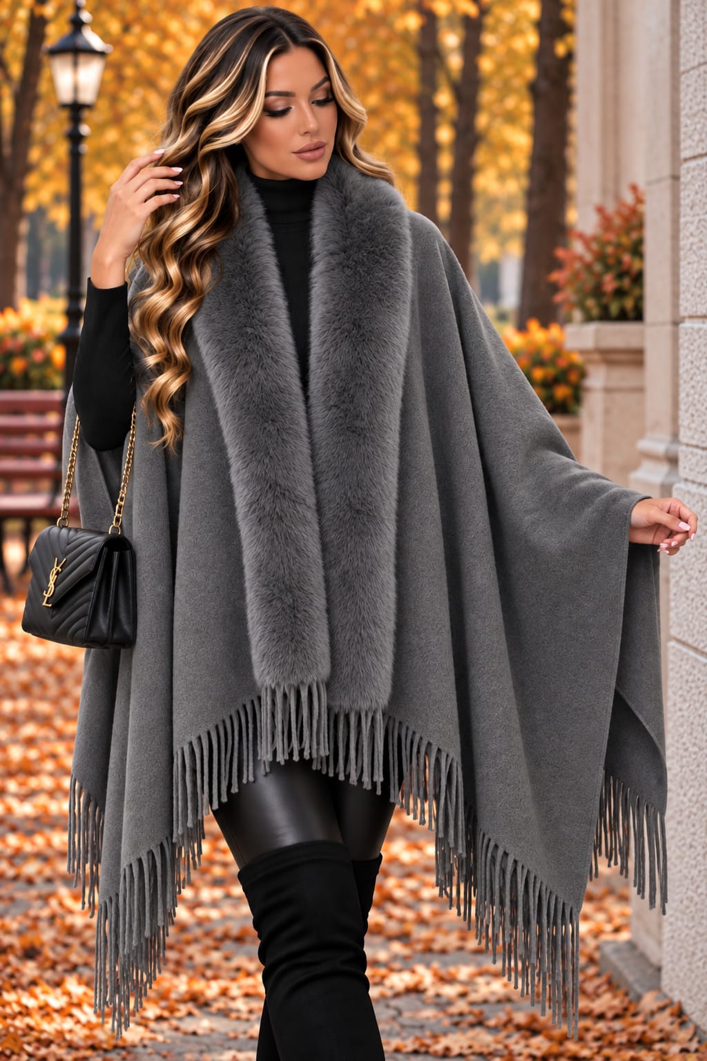 🤎 Poncho „Carina” – cu guler din blăniță și franjuri
