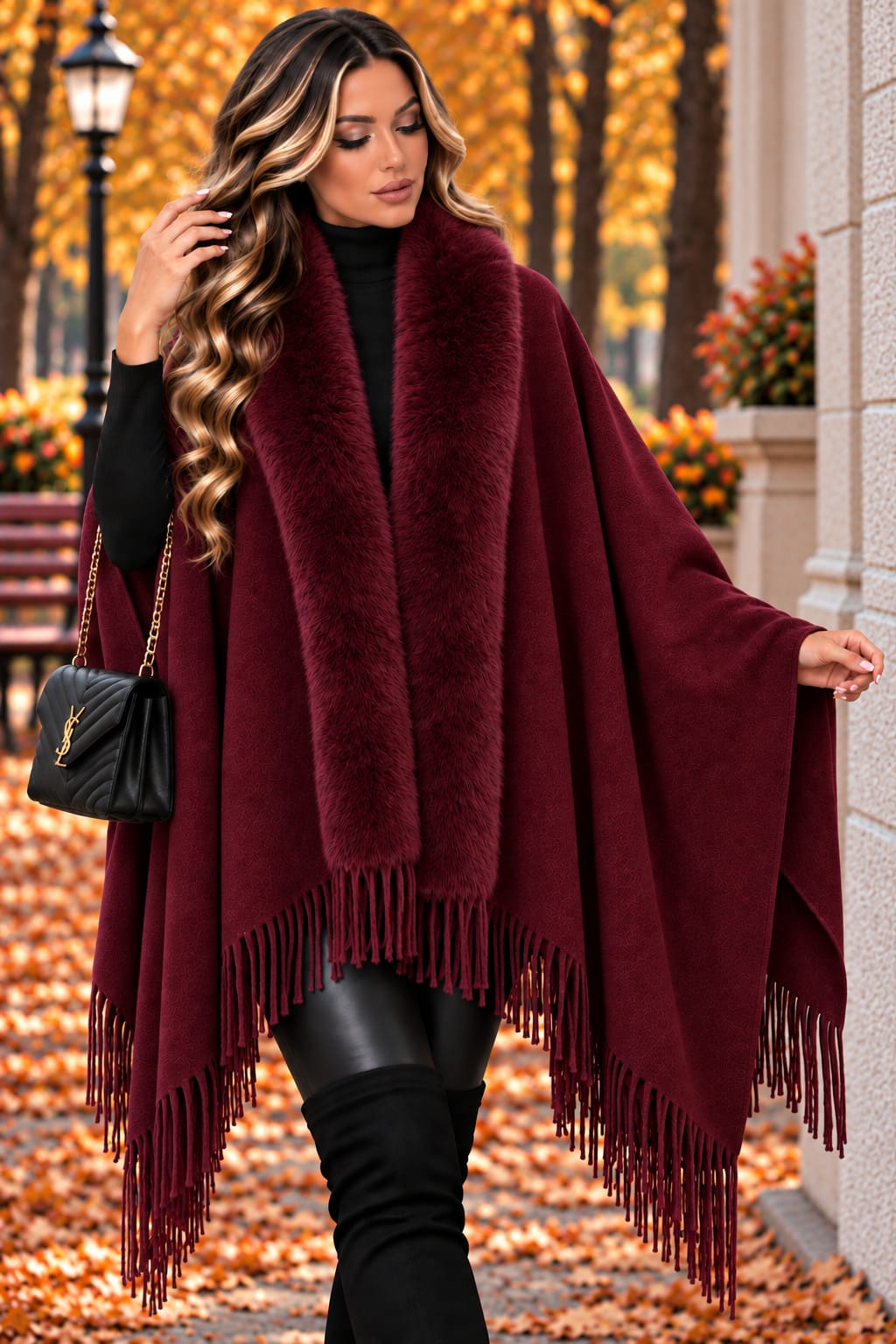 🤎 Poncho „Carina” – cu guler din blăniță și franjuri