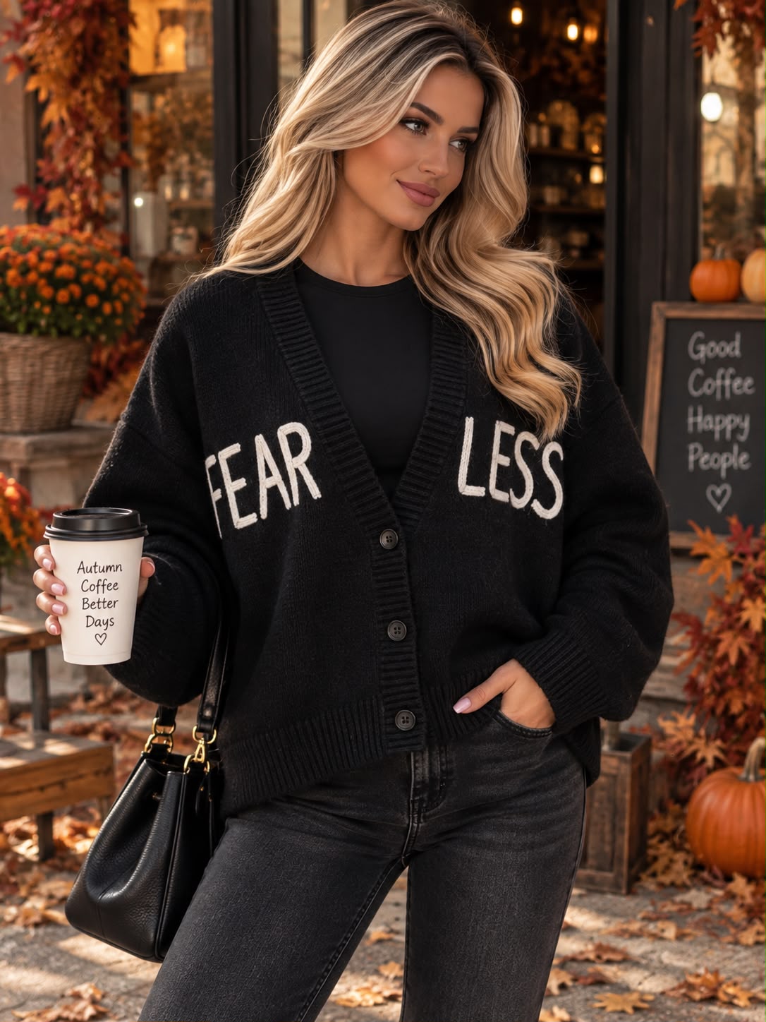 🖤 Cardigan „Fear Less” cu nasturi