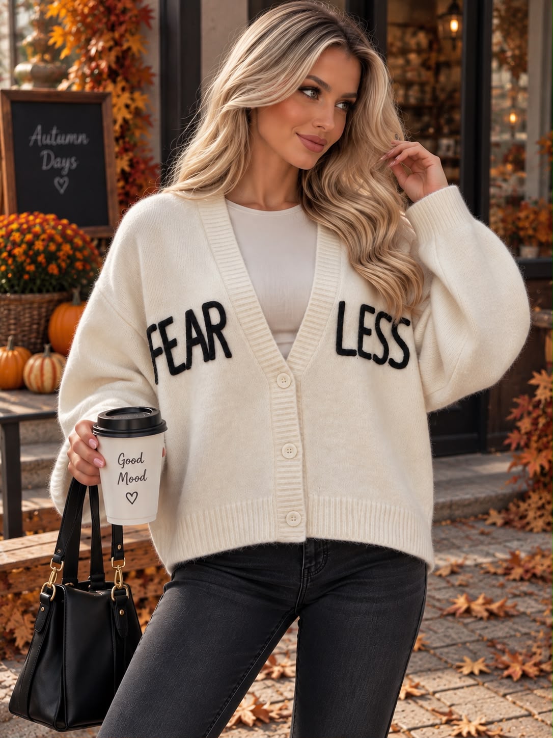 🖤 Cardigan „Fear Less” cu nasturi