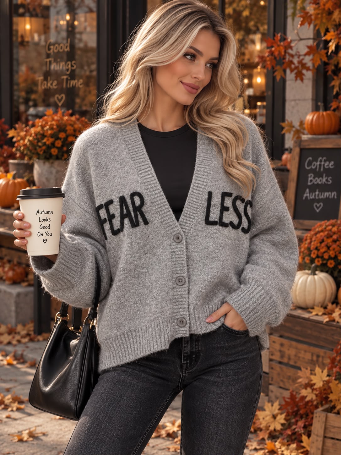 🖤 Cardigan „Fear Less” cu nasturi