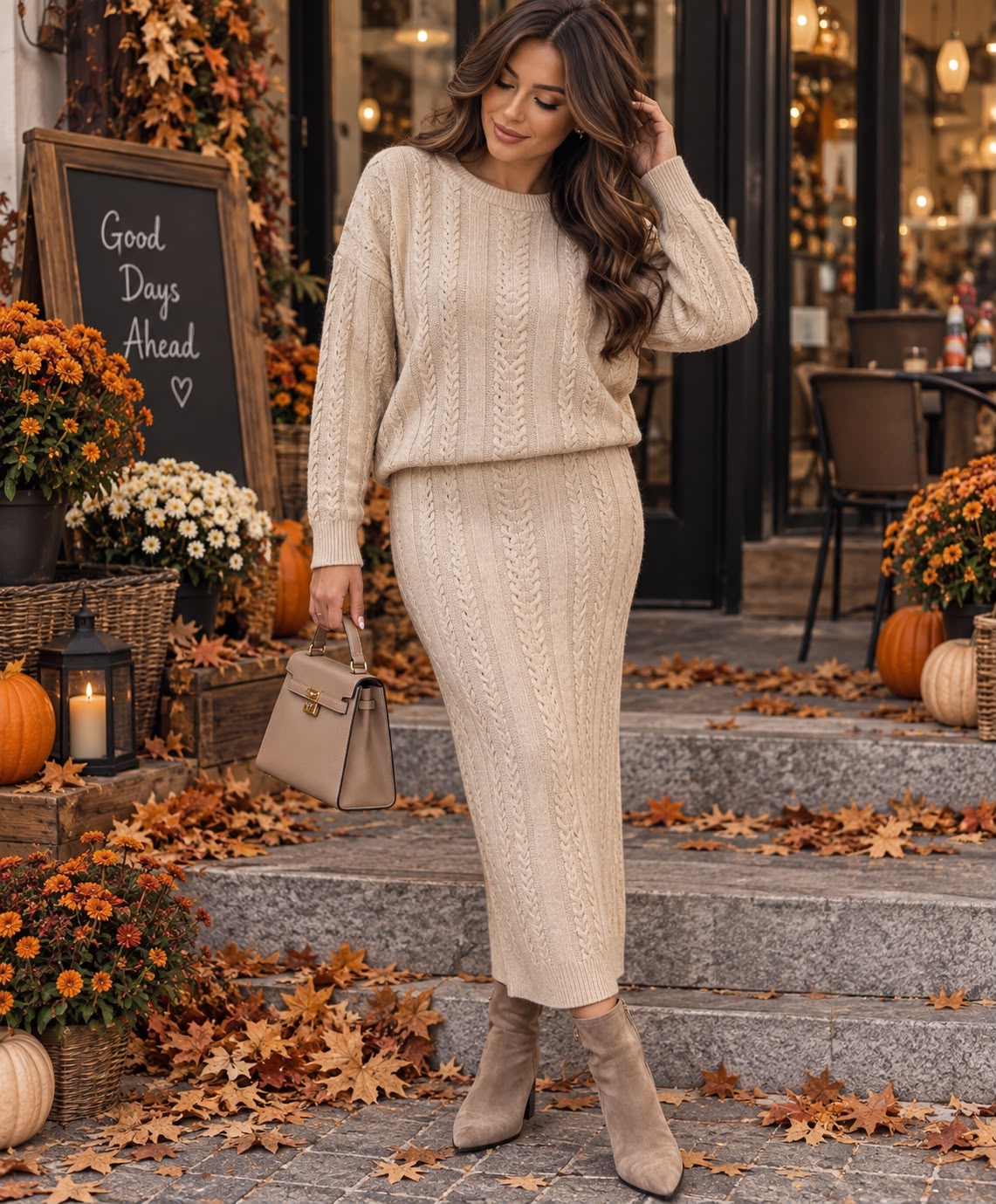 ✨ COMPLEU DIN TRICOT FIN CU FUSTA MIDI BEJ✨