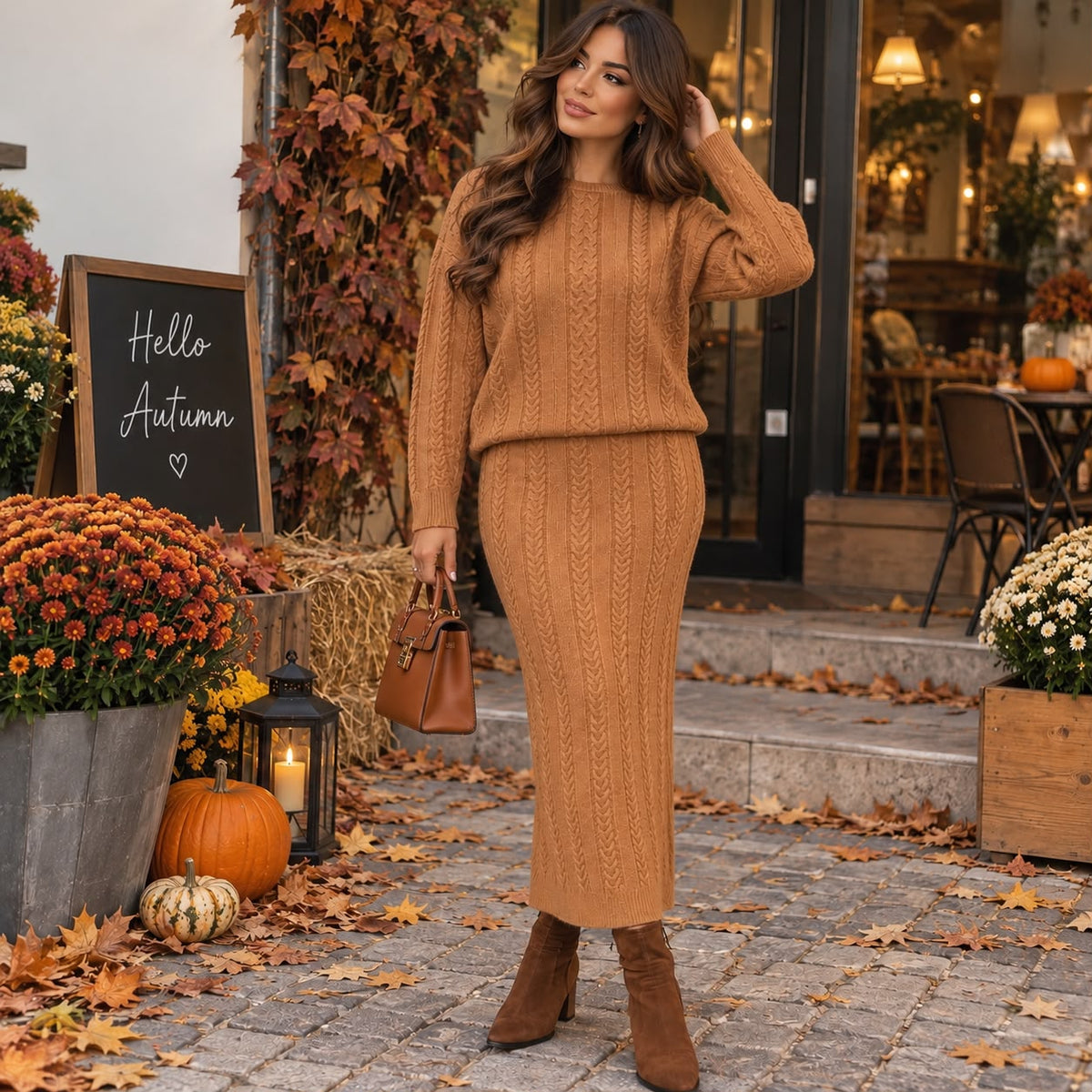 ✨ COMPLEU DIN TRICOT FIN CU FUSTA MIDI CARAMEL✨