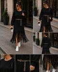 Rochie Fringe Neagră cu Curea Animal Print