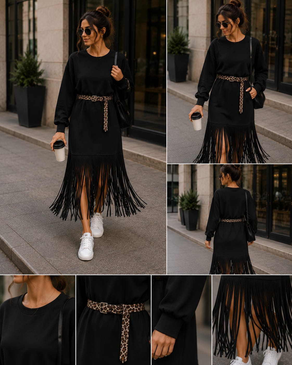 Rochie Fringe Neagră cu Curea Animal Print