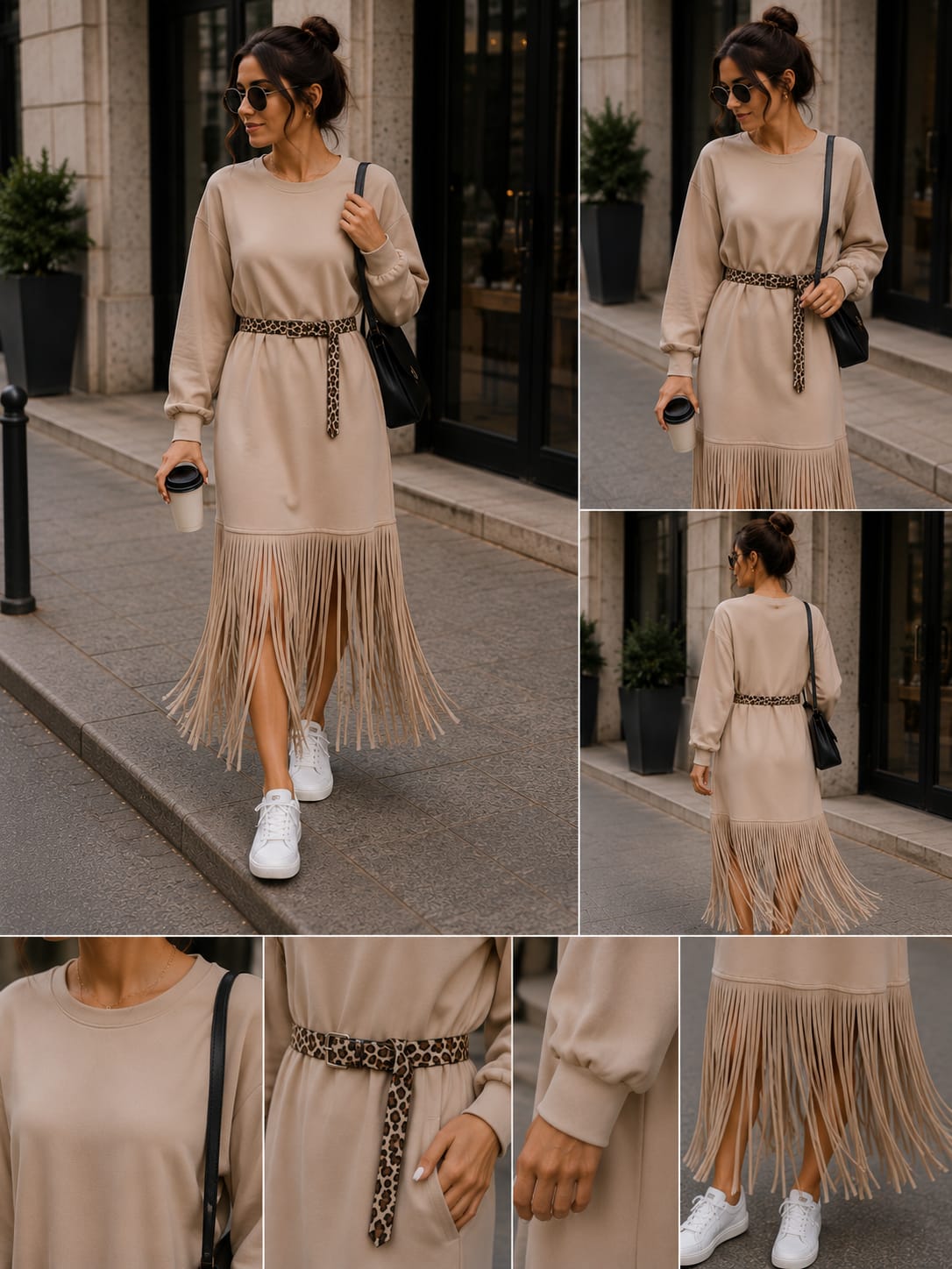 Rochie Fringe Latte cu Curea Animal Print