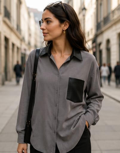 Cămașă Emma gri piele întoarsă cu buzunar contrast negru – Elegant Casual