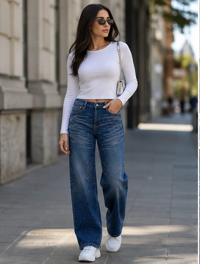 Blugi Wide Leg cu aplicații strălucitoare