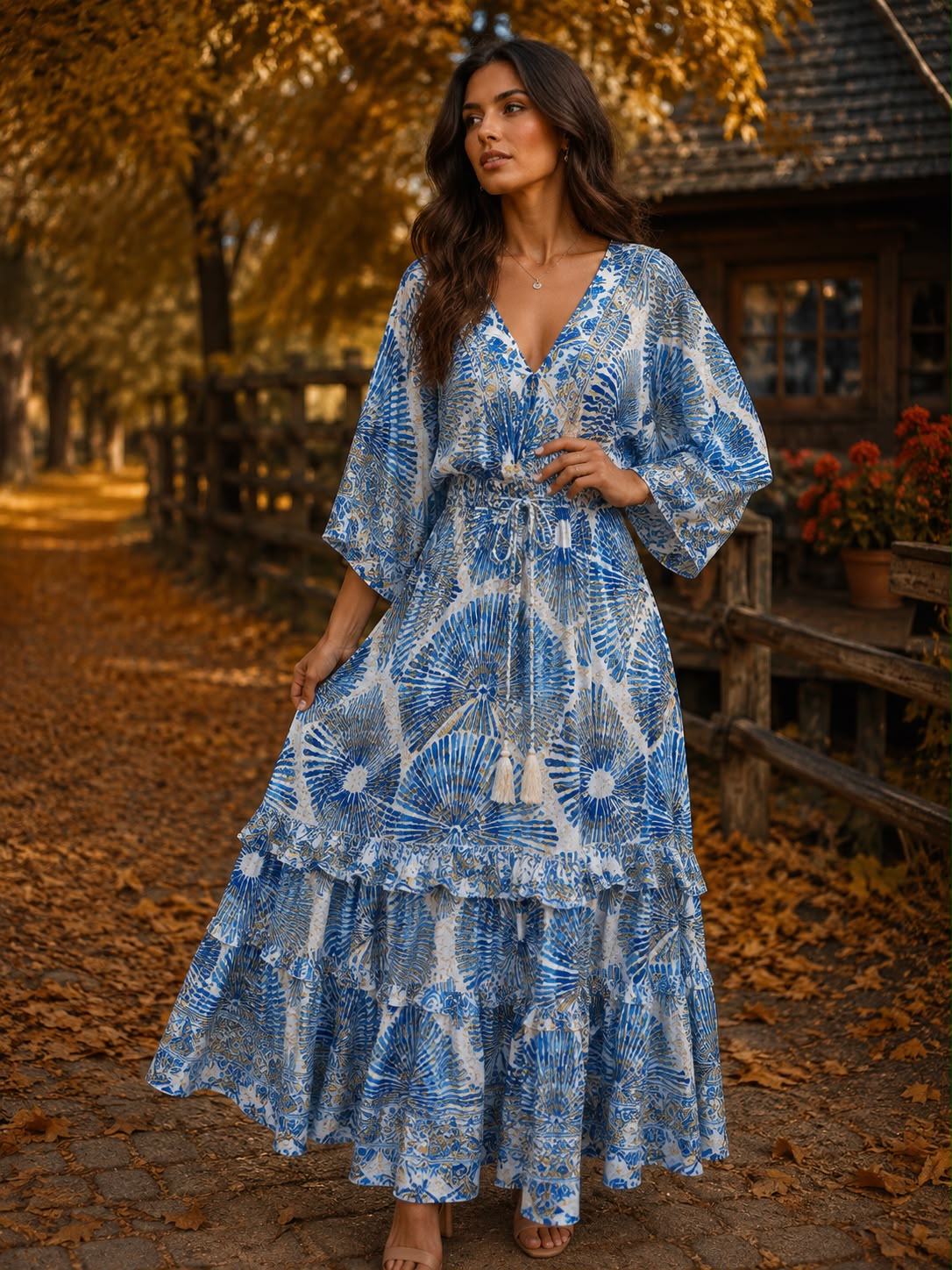 Rochie „Maria” – Mătase Indiană, Croială Maxi cu volănașe