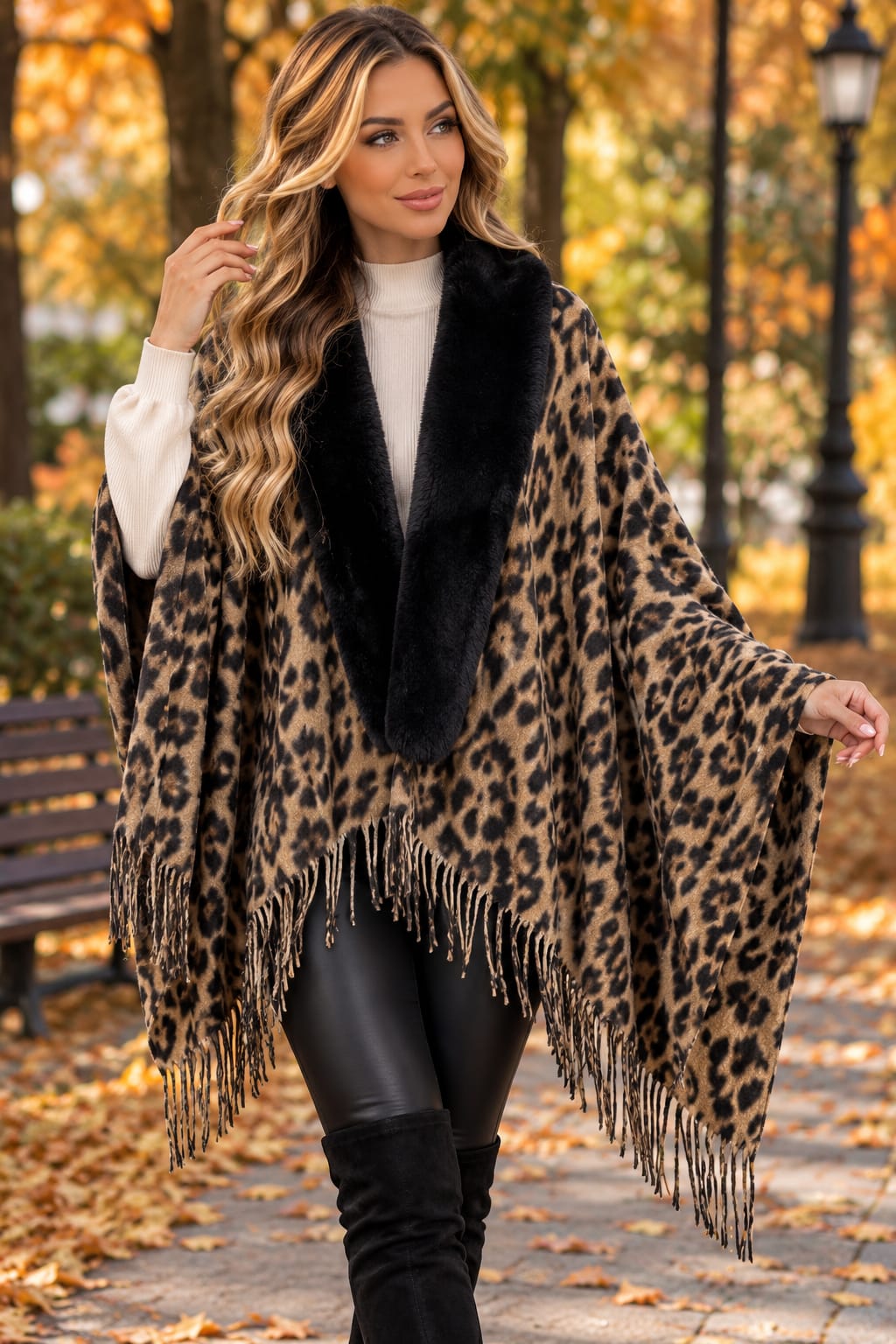 🐆 Poncho cu blăniță și imprimeu animal print