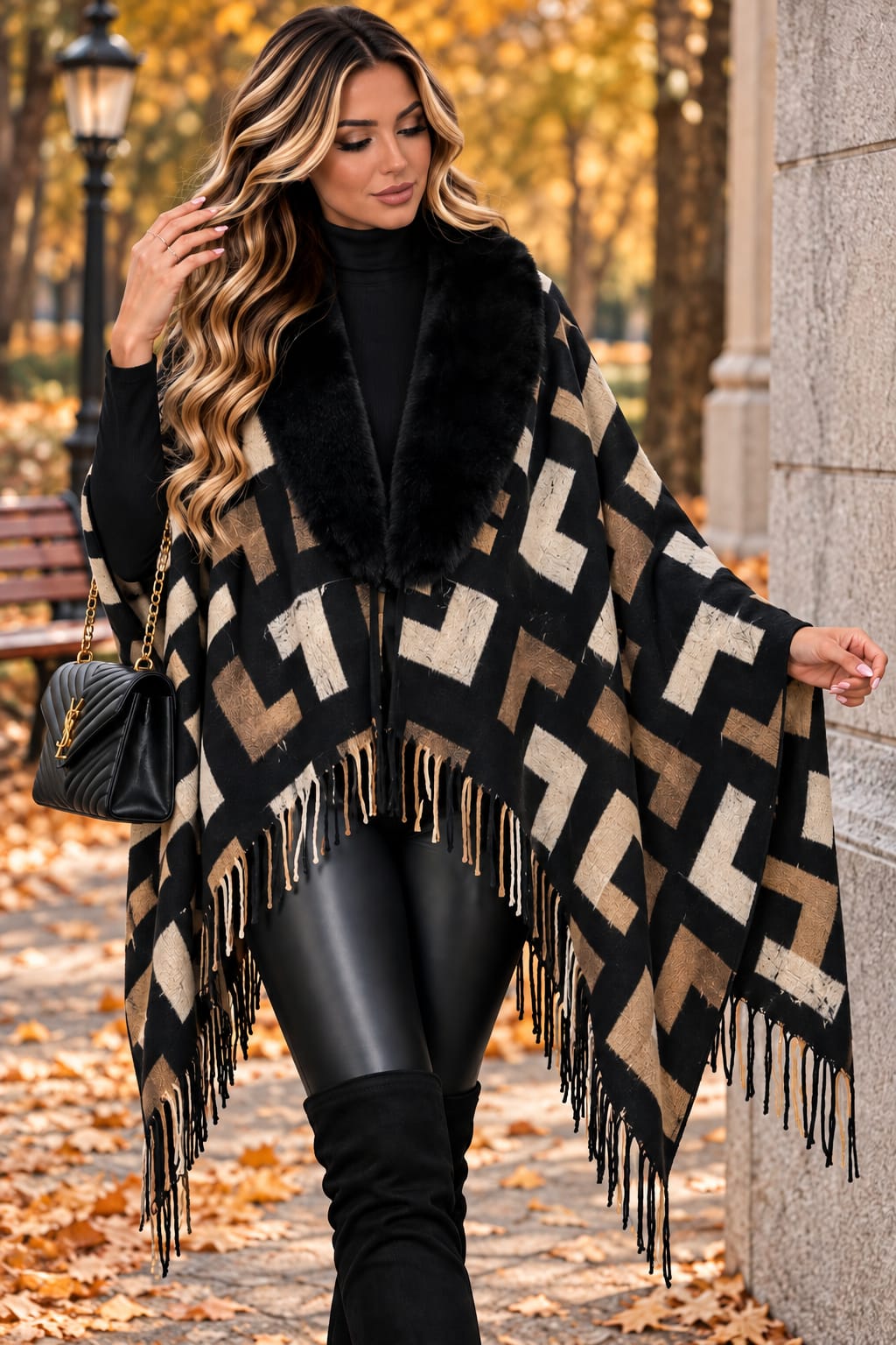🖤 Poncho cu blăniță și imprimeu geometric