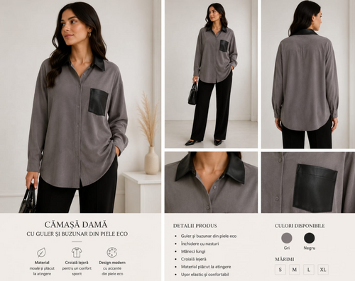 Cămașă Emma gri piele întoarsă cu buzunar contrast negru – Elegant Casual