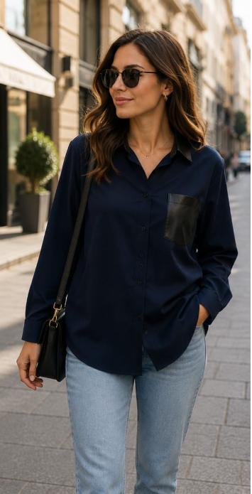 Cămașă Emma gri piele întoarsă cu buzunar contrast negru – Elegant Casual